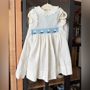Vintage smocked ruffle dress toddler girl sailboats pleated collar sleeveless